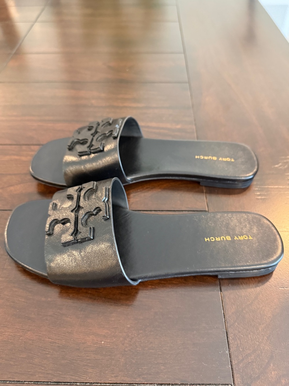Tory Burch Ines Leather Slide Sandals Black Double T Logo Size 7 - Picture 5 of 7